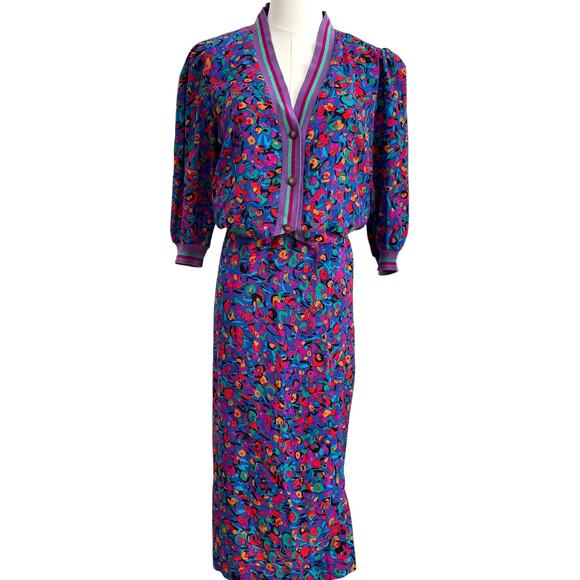 VTG. Brenner Sweater ELECTRIC Skirt Set Womens 5/6 Artsy Colofrul Retro 60s - Picture 1 of 13